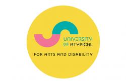 University of Atypical for Arts and Disability blue and purple writing on a yellow oval and rectangular shaped background
