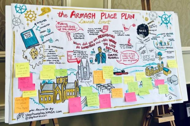 A photo of a flipboard with notes and post its from the Armagh Place Plan Launch event