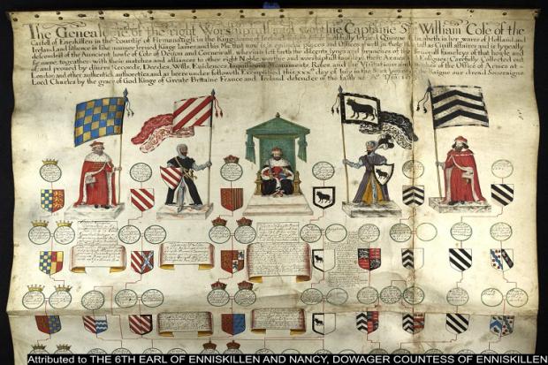 A very large parchment pedigree from 1635 entitled 'Genealogy of the right worshipful and worthy Captain Sir William Cole of the Castle of Enniskillen, Co. Fermanagh, in the kingdom of Ireland'