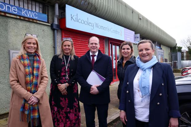 Minister Gordon Lyons pictured at Kilcooley Women’s Centre in Bangor with Tracey HarrisonAlison Blayney, Lynne Bloomfield and Sarah Collyer