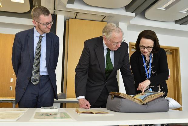 Photograph of Acting Director of PRONI with HRH The Duke of Gloucester and Head of Private Records Lorraine Bourke 