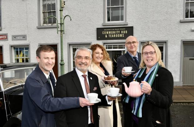 Matthew Mckeague, Architectural Heritage Fund, Mukesh Sharma National Lottery Heritage Fund, Teresa O’Neill, DAERA, Brian McKervey DfC and Dr Anne Monaghan, Ederney Community Development Trust at the opening of Murphy’s on Main Street Community Hub