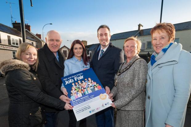 Pictured with the Minister in Ahoghill as he announced plans a Mid and East Antrim Job Fair on 2 February are (L-R): Julie Gorman, ICTU; John Allen, Unite the Union; Debbie Rea, Blaney; Mayor Cllr Audrey Wales MBE; and Joan Connolly, Ballymena JBo