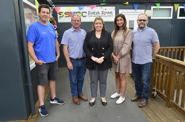 Communities Minister Deirdre Hargey is pictured with representatives from Community Intercultural Programme and the Scotch Street Youth and Community Centre on a visit to Portadown.
