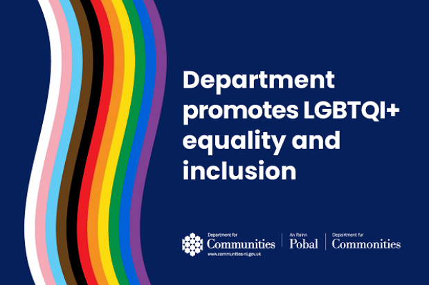 A navy infographic with a rainbow coloured swirl. Text in white reads "Department promotes LGBTQI+ equality and inclusion"