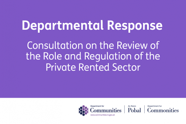 Purple infographic with the wording Departmental Response Consultation on the Review of the Role and Regulation of the private rented sector.