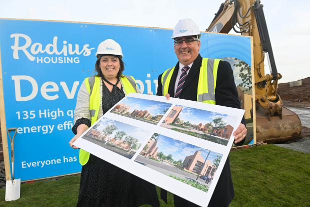 Minister Hargey pictured with Martin Pitt on radius building site