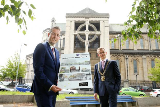 Communities Minister, Paul Givan MLA and Belfast Lord Mayor, Alderman Brian Kingston pictured at the launch of Phase 3 of the Belfast Streets Ahead programme, which aims to improve the streetscape from Castle Place to the new Ulster University campus on Y