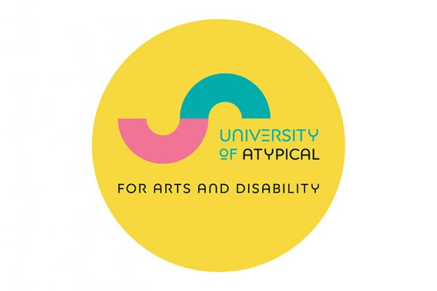 University of Atypical for Arts and Disability blue and purple writing on a yellow oval and rectangular shaped background