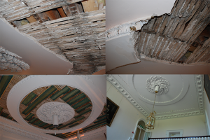 Repair work to a plastered ceiling at the Bishop’s Palace, Armagh – before and after