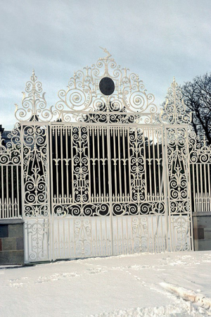 Wrought Iron gates and Screen, Hillsborough Castle. The gates and screen were restored in 1976, having been removed in 1936 from Rich Hill Castle where they were erected circa 1745