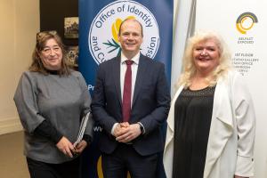 Communities Minister Gordon Lyons with Dr Katy Radford, Director of the Office of Identity and Cultural Expression and Deirdre Robb, Chief Executive, Belfast Exposed 