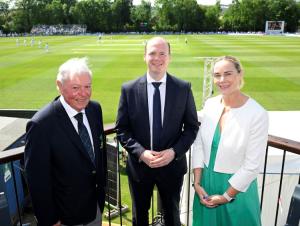 Communities Minister Gordon Lyons with Bryan O’Donnell, President, Cricket Ireland and Sarah Keane, Chief Executive Officer, Cricket Ireland