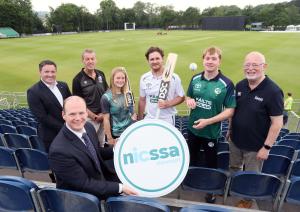 Communities Minister Gordon Lyons pictured at the announcement of the significant investment in cricket and multi-sport facilities at Stormont.  Pictured are L-R – Kieran Devlin, CEO, NICSSA, Brian MacNeice, Cricket Ireland, Rebecca Lowe, Ireland U19, Mark Adair, Ireland Men’s International, Jordan Neill, Ireland Men’s International and Gavin Boyd, Sport NI Chair.
