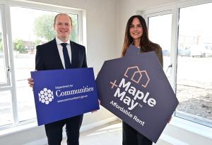 Communities Minister Gordon Lyons and Deirdre Steele, Head of Maple and May