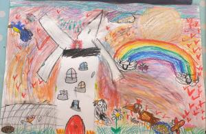 A childs colour drawing of a historic white and black windmill and rainbow.