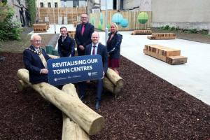 Ald. Thomas Gordon, Mayor of Mid & East Antrim Borough Council; Eamon McMullan, Capital Regeneration Manager, MEABC; Ryan Black, Director of Growth & Major Projects, MEABC; Communities Minister Gordon Lyons MLA; Gail Kelly, Town Centre Development Manager, MEABC