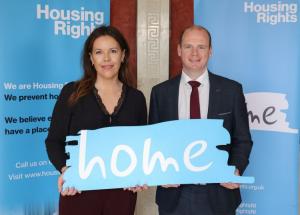 Communities Minister Gordon Lyons pictured with Housing Rights CEO Kate McCauley at Parliament Buildings