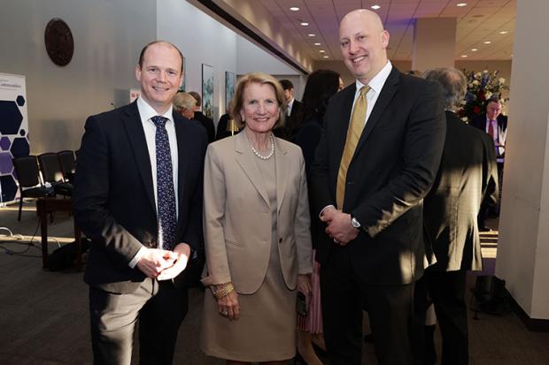 Minister Gordon Lyons (left) pictured in the Hart Senate building, Washington, DC, with event sponsor Senator Shelley Moore Capito; and U.S. Consul General in Belfast James Applegate