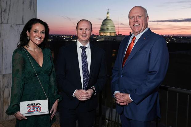 Communities Minister Gordon Lyons pictured in the Hart Senate building, Washington, DC, where the Department for Communities jointly hosted a prestigious reception with the America250 Commission. With the Minister are (l-r) America250 Executive Vice President Jen Condon; and America250 Commissioner Joe Crowley
