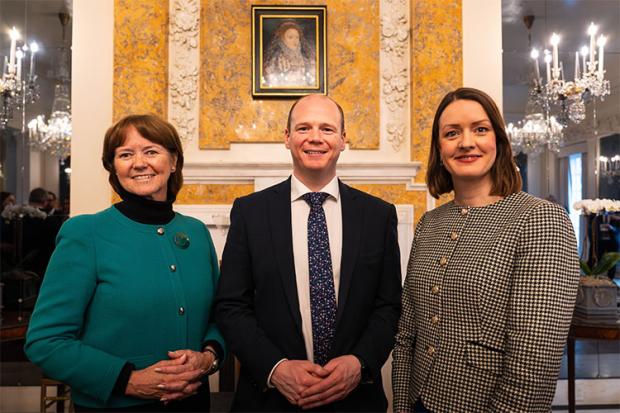 Minister Gordon Lyons (centre) pictured at the British Embassy’s St Patrick’s breakfast in Washington, DC, with senior executive at Tourism Ireland, Alison Metcalfe (left) and Chief Executive of Tourism Ireland, Alice Mansergh (right)
