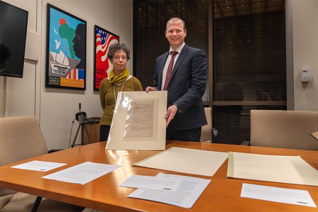 Minister Gordon Lyons pictured at a recent visit to the Library of Congress in Washington, DC with Dr Julie Miller, Curator of Early American Manuscripts at the Library of Congress