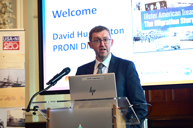 PRONI Director, David Huddleston, speaking at the launch of the Ulster American Treasures publication at Belfast City Hall