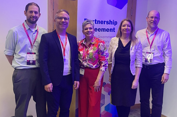 Pictured left to right: David Gibson, DfE; Ross Davies, WCVA; Karen Smith, Disability Action & Joint Forum Joint Chair; Anne Armstrong DfC and Avery Bowser, Action for Children