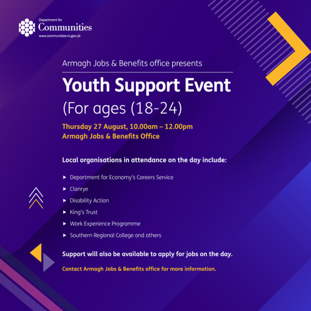 Armagh Jobs & Benefits office presents Youth Support Event (For ages 18-24) - 27 August 2026