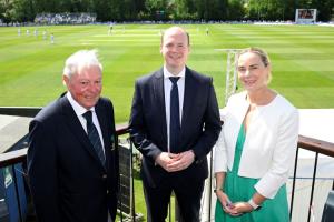 Communities Minister Gordon Lyons with Bryan O’Donnell, President, Cricket Ireland and Sarah Keane, Chief Executive Officer, Cricket Ireland