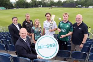 Communities Minister Gordon Lyons pictured at the announcement of the significant investment in cricket and multi-sport facilities at Stormont.  Pictured are L-R – Kieran Devlin, CEO, NICSSA, Brian MacNeice, Cricket Ireland, Rebecca Lowe, Ireland U19, Mark Adair, Ireland Men’s International, Jordan Neill, Ireland Men’s International and Gavin Boyd, Sport NI Chair.