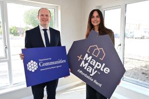 Communities Minister Gordon Lyons and Deirdre Steele, Head of Maple and May