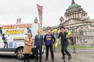 Communities Minister Gordon Lyons pictured with (left to right) Director of Arts Development at the Arts Council of Northern Ireland Gilly Campbell, Co-ordinator of Streetwise Community Circus Jim Webster and Chairman of Streetwise Community Circus Dave Powell 